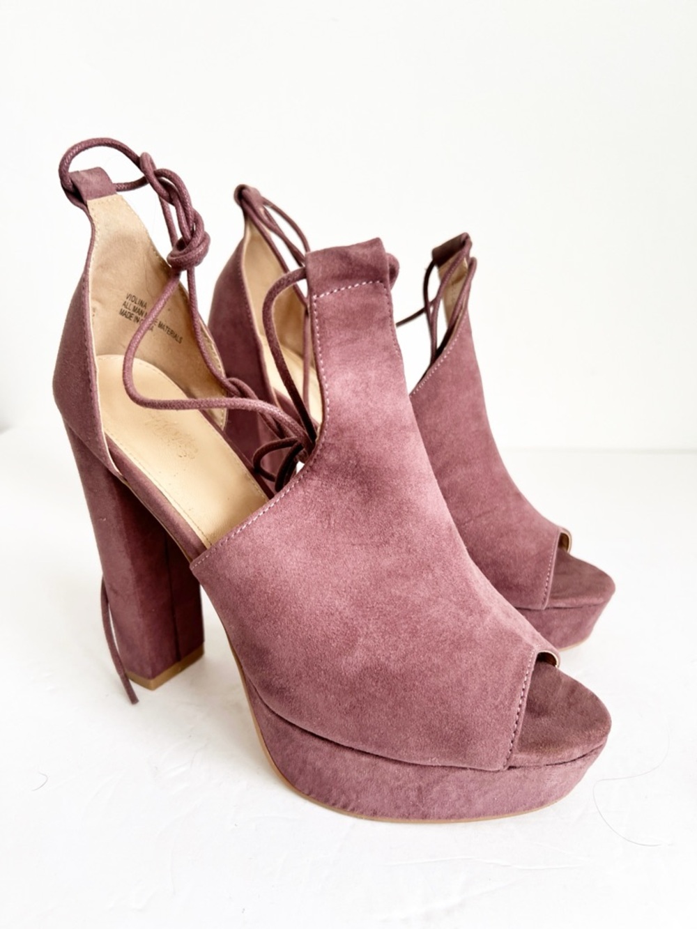 SZ 8 Violina Charlotte Russe Lace-Up Open Toe Platform Heels in Dusty Rose